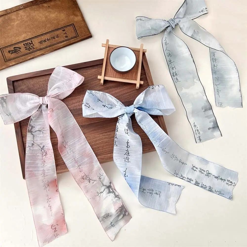 Chinese Style Ribbon Bow Ponytail Clips Antique Ink Mountain Paint Print Hairpin Hair Accessories Women Hanfu Hair Accessories