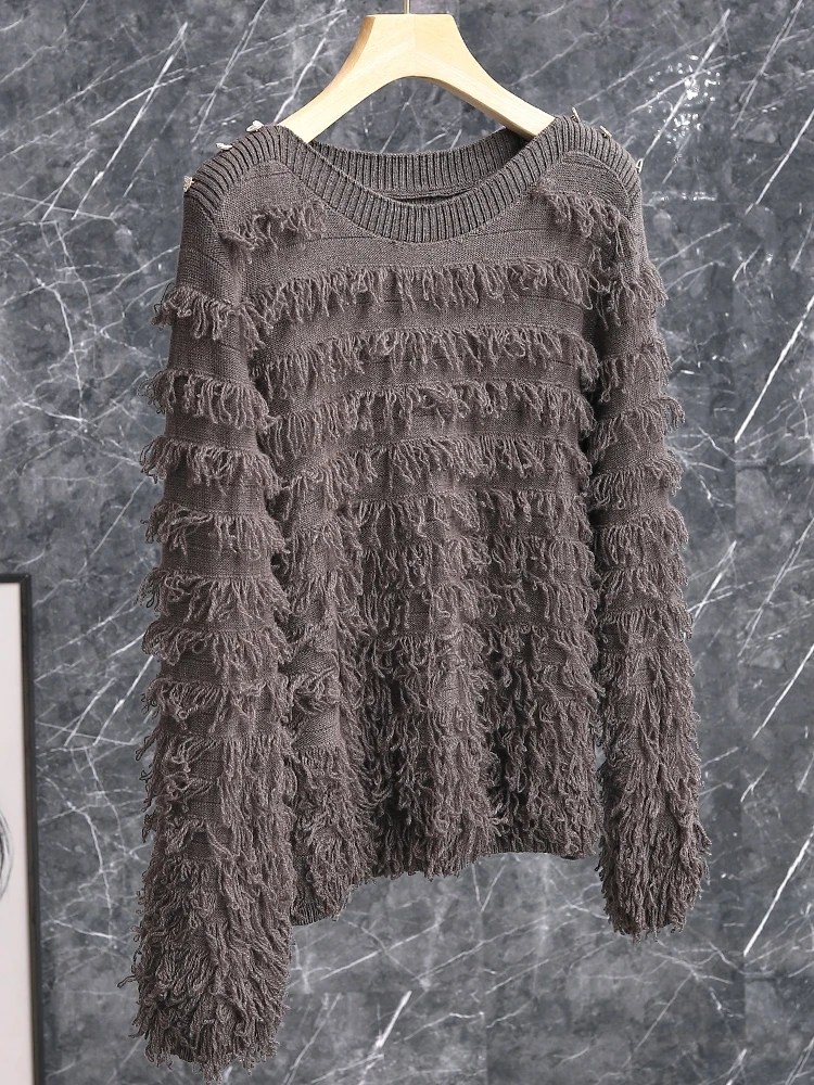 

Elegant Woolen Knitted Sweater Tassel Trim One Shoulder Design Luxury Brand Name Lady Commute Style Long Sleeve Short Length