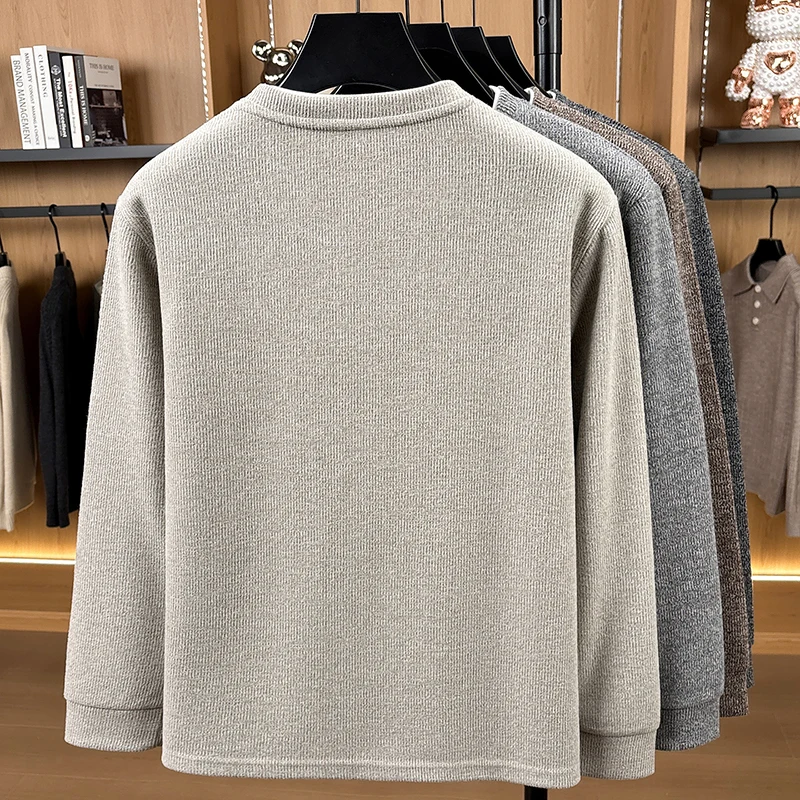 Herren Langarm-Henley-Shirt Waffelstrick-Pullover Zweiteiliges Design mit Knöpfen und Bären-Logo-Stickerei Lässige Warme Herbst-Winter-Oberteile für Männer – Detail 3