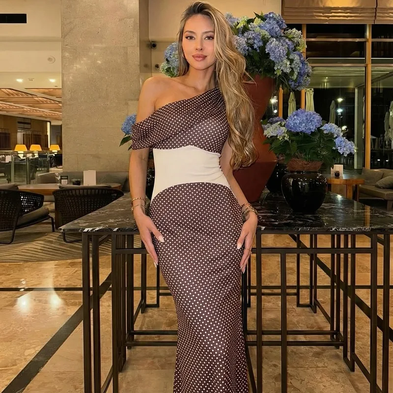 

Asymmetric Shoulder Cowl Neck Maxi Dress 2026 Spring Summer Color Block Long Dress for Wedding Party Evening Formal Events