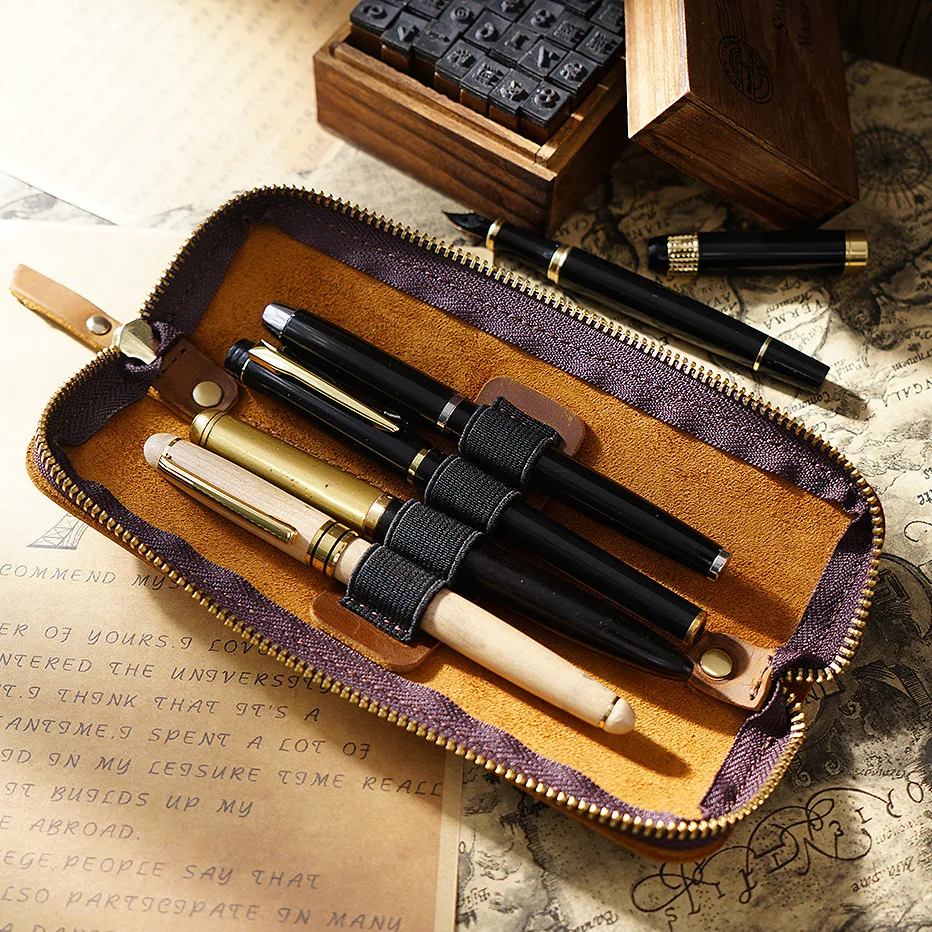 Genuine Leather Pen Case Pencil Bag Crazy Horse Leather Large Capacity Leather Handmade Creative School Stationary storage bag