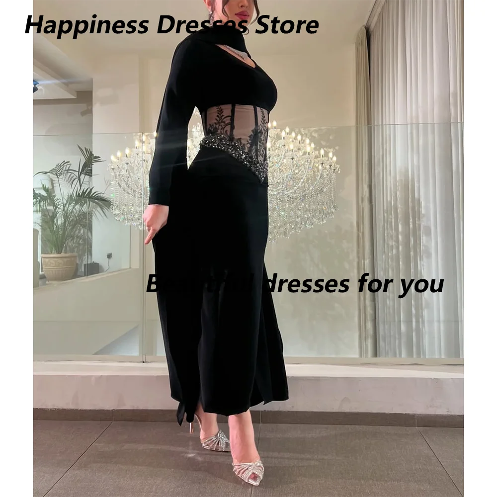 Czarne Sukienki Wieczorowe Damskie Długi Rękaw Kryształowe Koraliki Syrena Długość Do Herbaty Suknia Balowa Midi Sukienki Formalne na Przyjęcia Szyte na Miarę