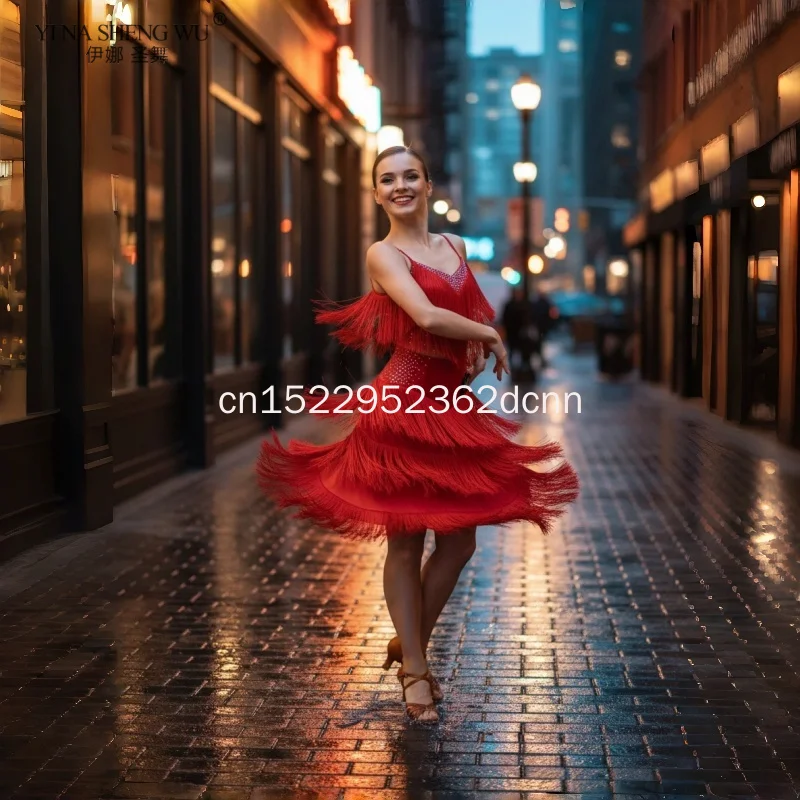 فستان الرقص اللاتيني أزياء المنافسة تنورة أداء أحجار الراين الكبار الأطفال شرابة ألوان مختلفة أحمر برتقالي أزرق وردي