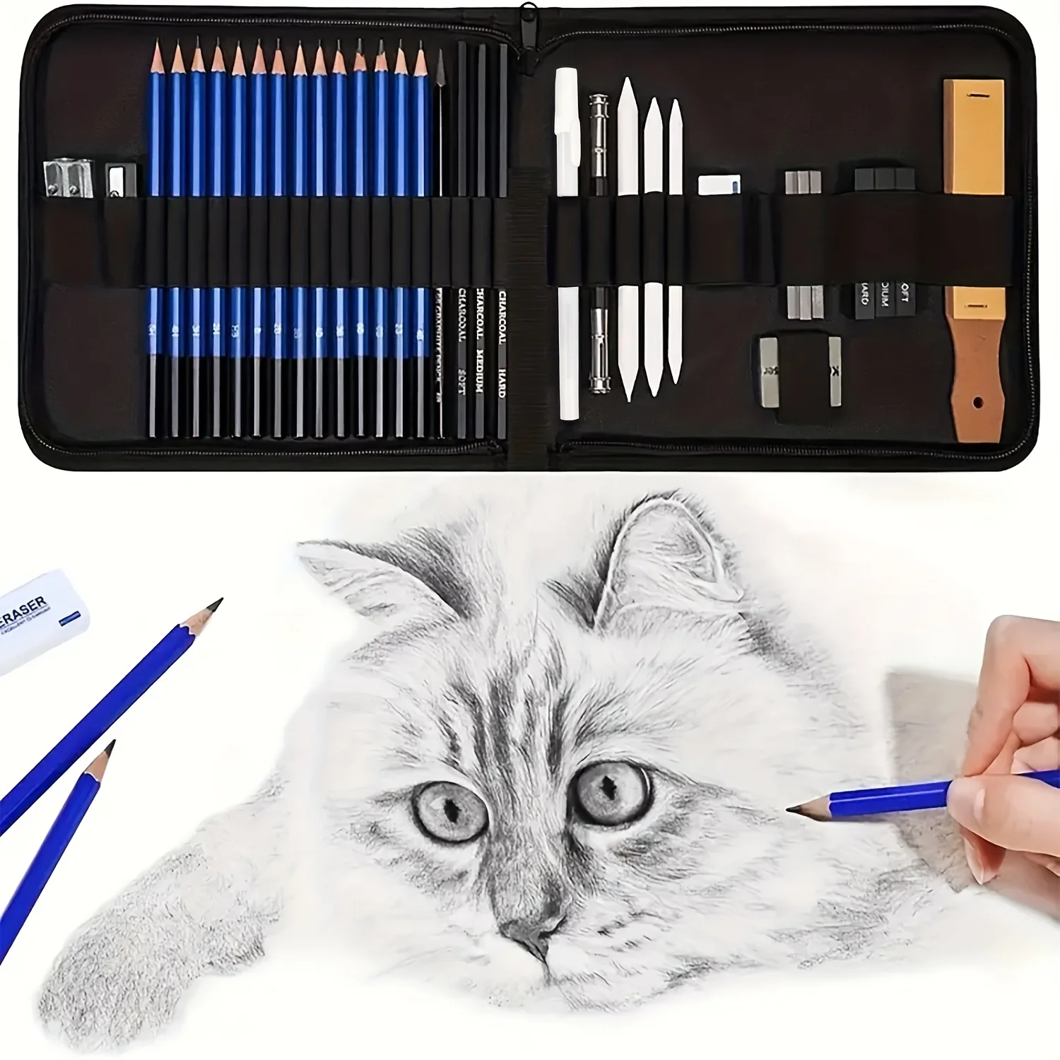 Sketching Pencils Set with Travel Case - Charcoal/Sketch Pencils, Charcoal Stick, Sharpener, Eraser - Ideal for Artists, Beginne