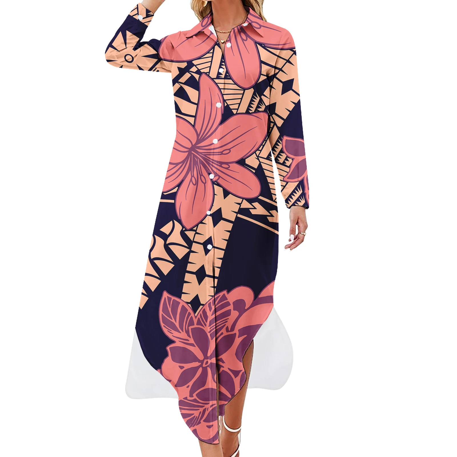 New Design Customized Polynesian Tribal Design Long Sleeve Shirt Dress Beach Kaftan Dress Women Elegant Maxi Dresses Ladies