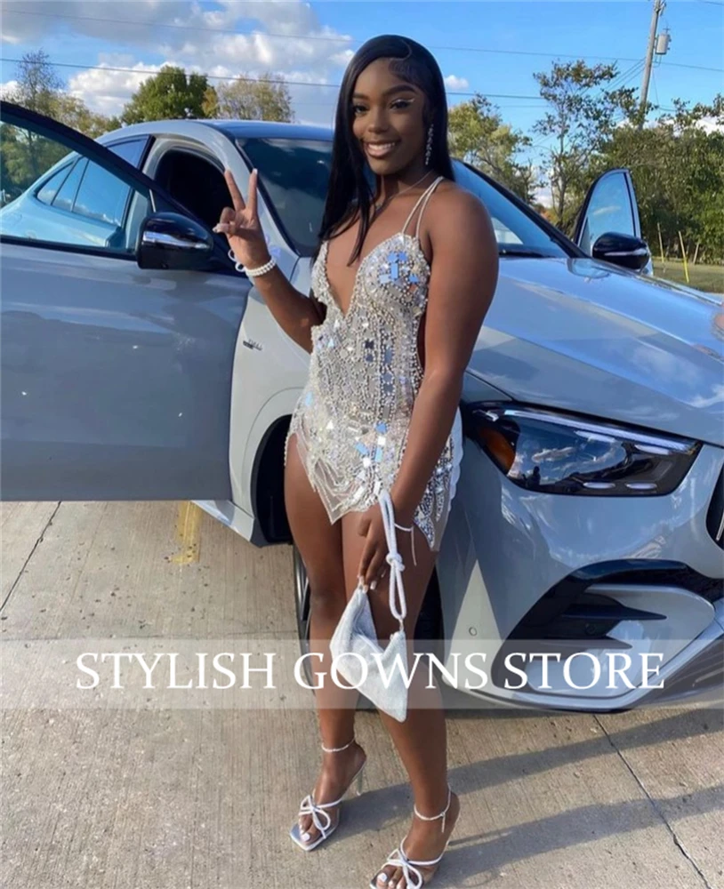 Silver Beaded Crystal Short Prom Dresses Black Girls Sequined Birthday Party Rhinestone Mini Cocktail Homecoming Customized