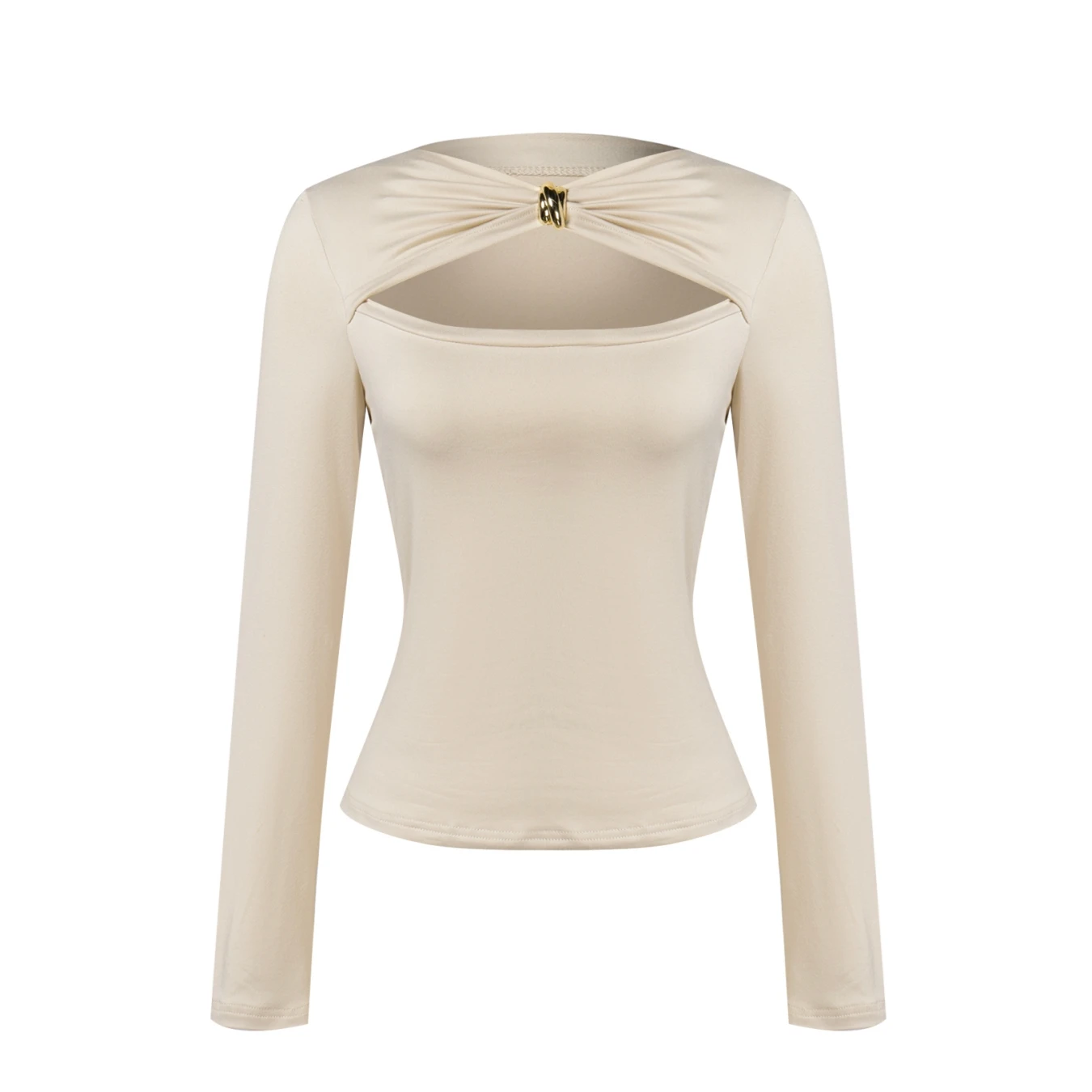 خريف شتاء جديد إمرأة موضة سليم كم طويل تي شيرت القوس الرقبة زر معدني تصميم جوفاء الترفيه تخفيف تنوعا