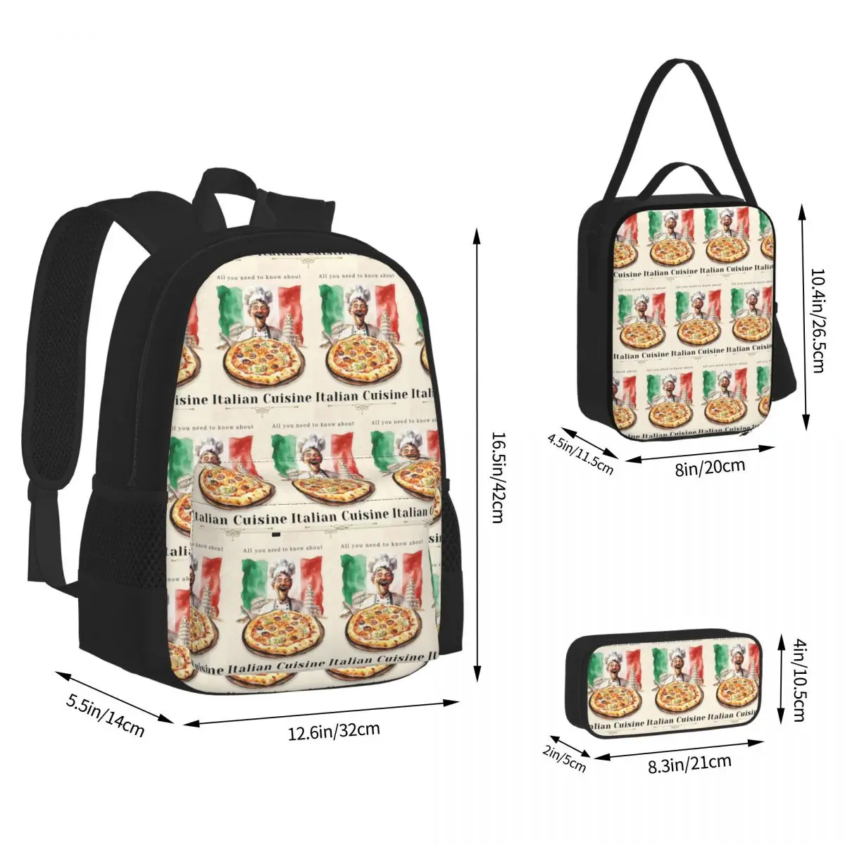Italian Flag Pizza Backpacks Students Bookbag School Bags Rucksack Lunch Bag Pen Bag Three-Piece Set