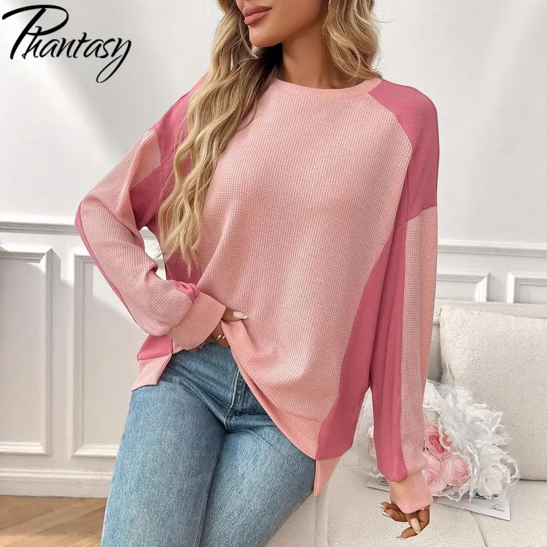 

Phantasy модный топ, новый повседневный свободный цветной контрастный топ с длинными рукавами и поясом, повседневная стильная винтажная одежда 2025