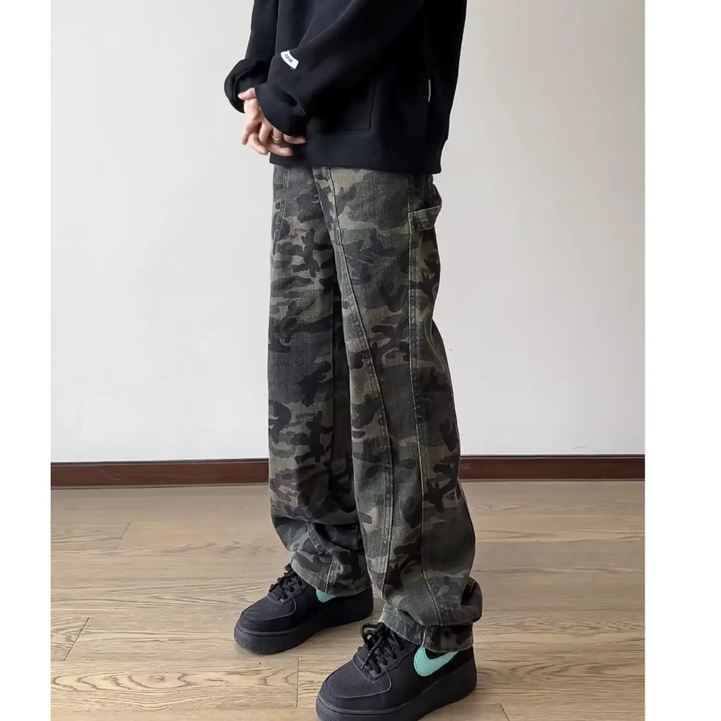 

Повседневные свободные прямые джинсы для пар, легкие камуфляжные свободные винтажные рабочие брюки, осень-зима, большие размеры 250 Po...