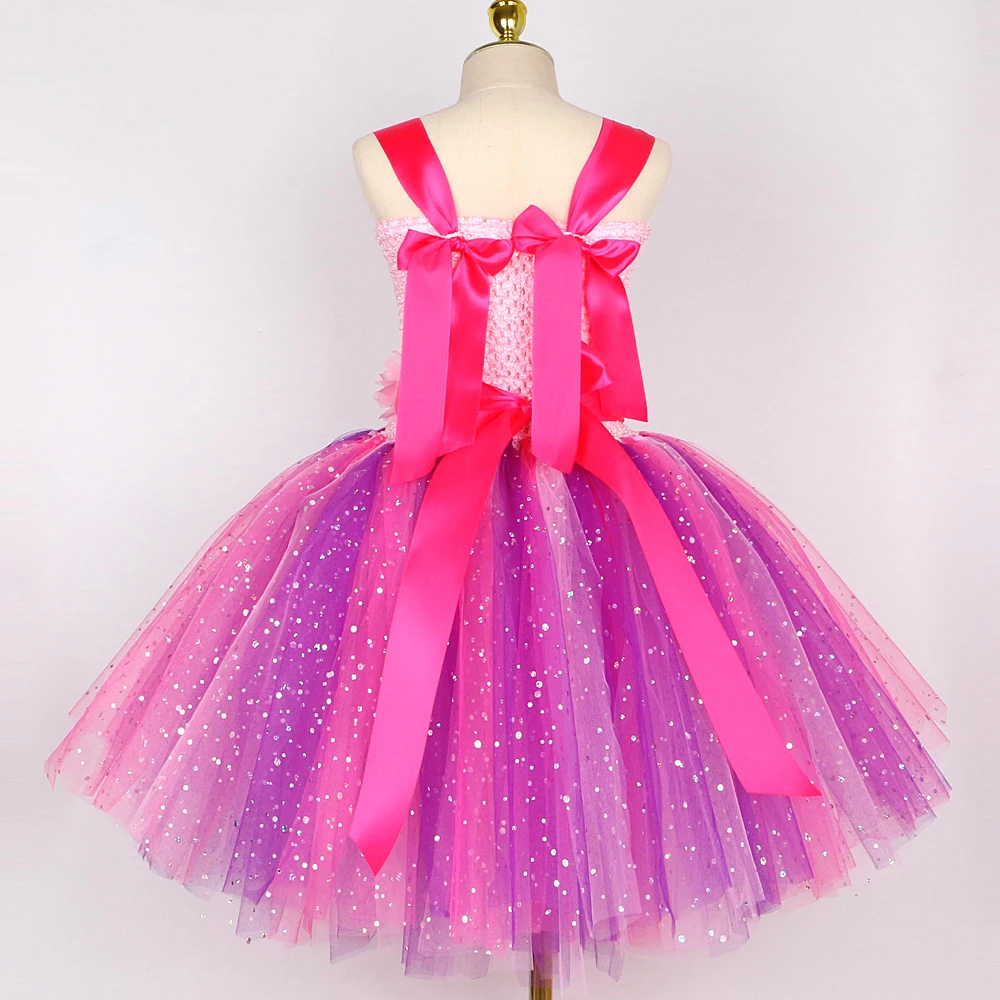 Sparkly Purple Pink Fairy Costume for Girls Flower Fairy Princess Dresses Kids Halloween Outfit Christmas Tutus with Wings Stick