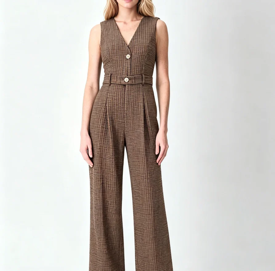 

Women's Jumpsuit Summer New Fashionable Classic Style Checkered Print V-Neck Metal Button Front Sleeveless High Waisted Jumpsuit