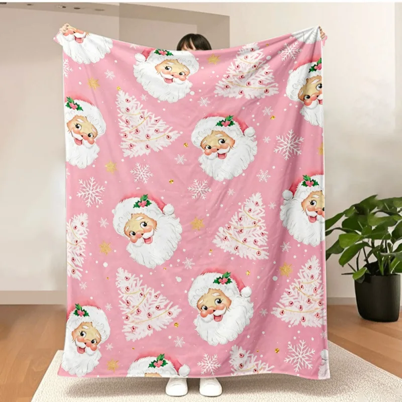 VIKAMA Smiling Santa HO HO HO Wreaths Throw Blanket, Cozy Plush Fleece Cover for Couch Sofa Bed, Xmas Home Decor Gift for Women