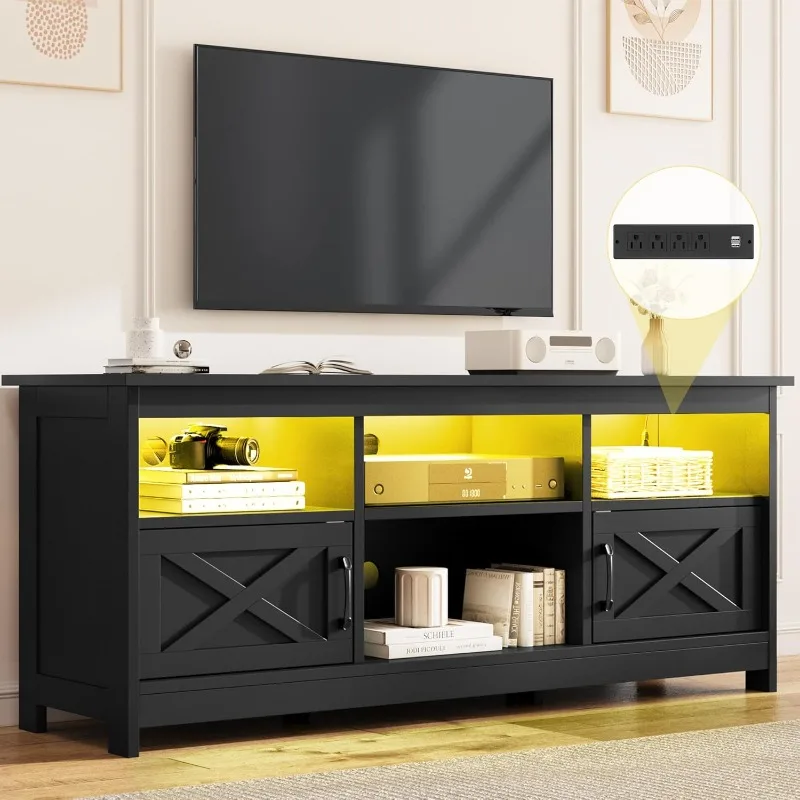 

Farmhouse TV Stand for TVs Up to 65 Inch, Modern Entertainment Centre with Power Outlet, TV Shelf with Storage Cabinet