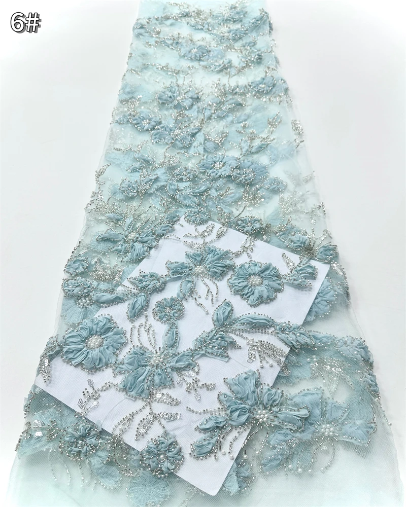 

High Quality African 3d Flower Embroidered Lace Fabrics Beads French Fabric Sequins Tulle Lace For Nigerian Wedding Dress