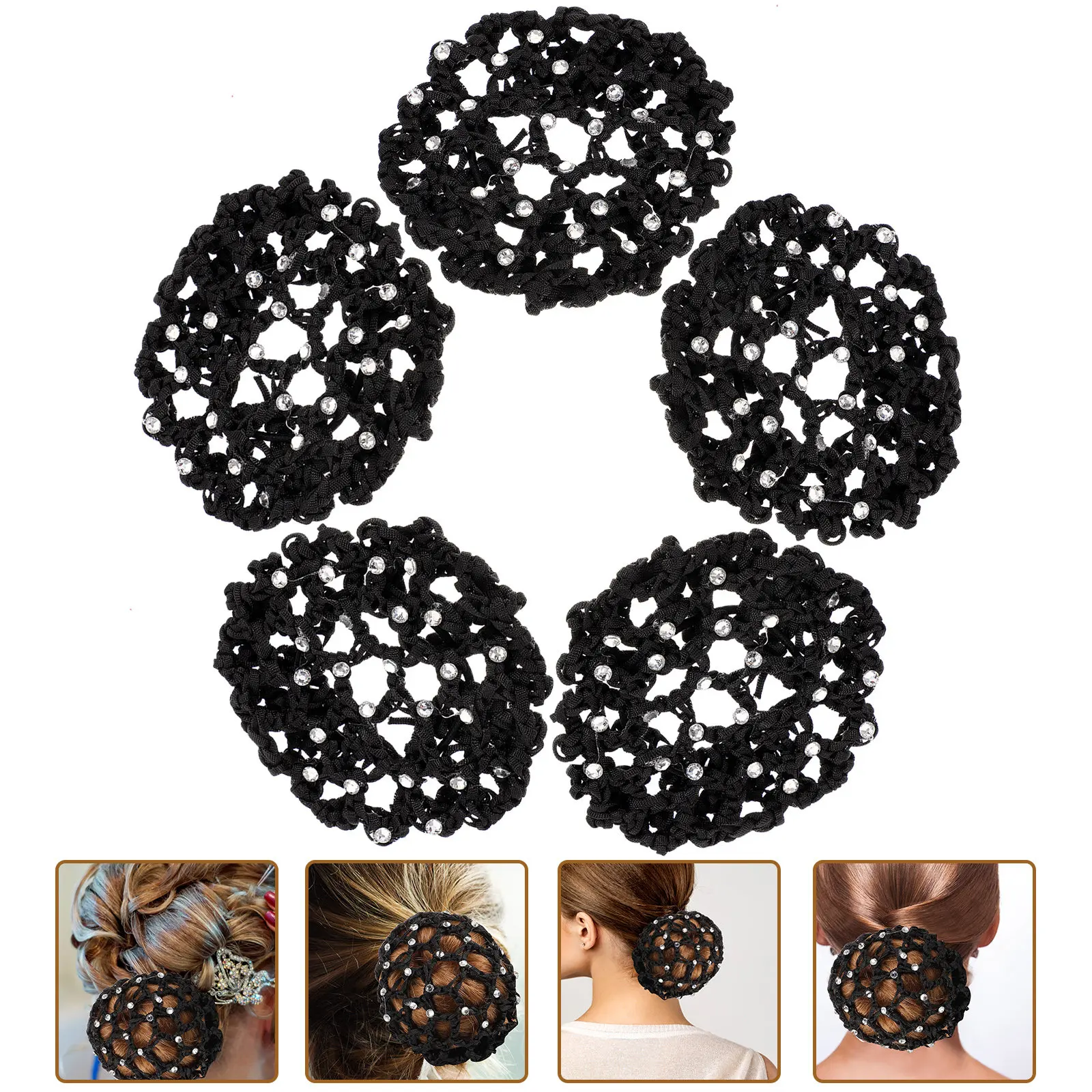 5Pcs Crystal Hairnet Women Hair Bun Covers Rhinestone Hairnets Ballet Nurse Bun Holder Hair Wraps for Work and Formal Hairstyles