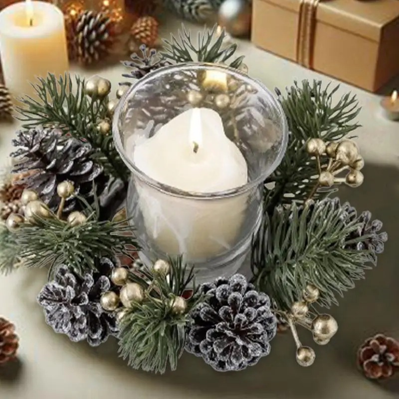 Artificial Christmas Candle Wreath Nordic Rustic Plastic Candle Holder Ring with Pine cone and Berry Candlestick Garland