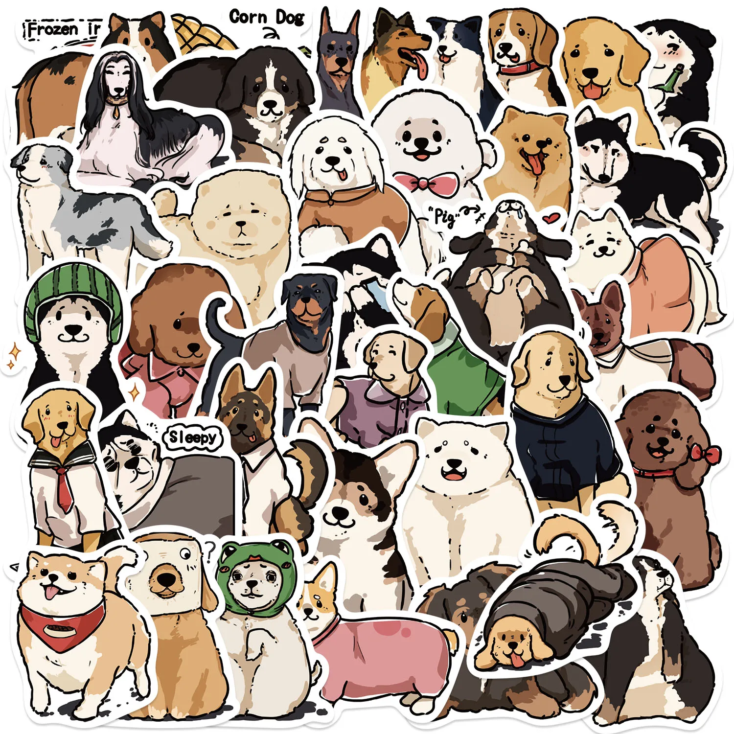 50PCS Fun Cartoon Cute Dog Graffiti Stickers Scrapbooking Collage Material Phone Cases Guitar Notebooks DIY Decorative