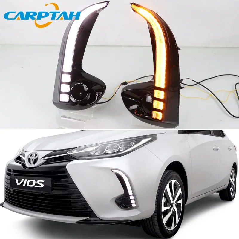 Car LED DRL 12V Daytimes Running Light For Toyota Yaris 2021 2022 Auto DRL Daylights Dynamic Yellow Turn Signal Driving Lamps