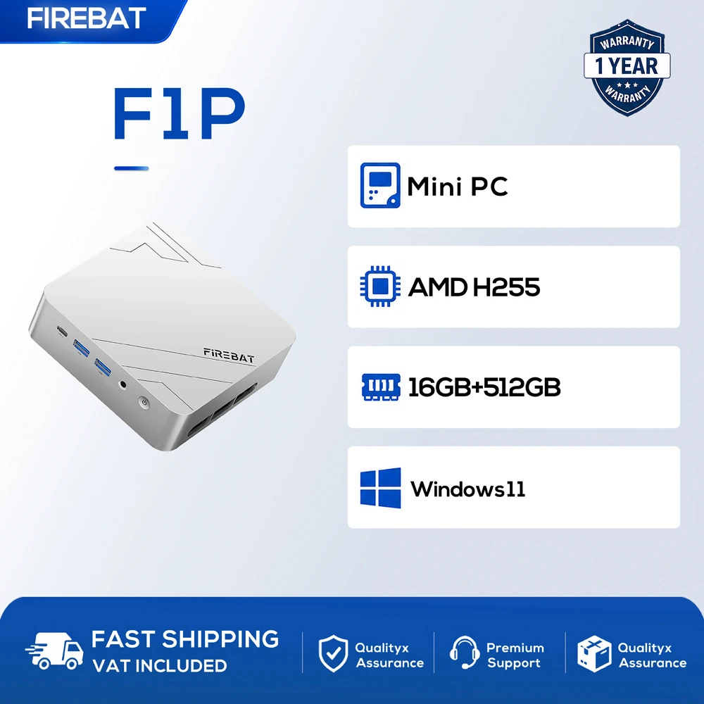 Firebat F1 P Mini PC AMD Ryzen 7 H 255 16GB DDR5 5600MHz 512GB SSD Win11 Pro Wi-Fi 6 BT5.2 USB4.0 Gaming Desktop Mini Computer