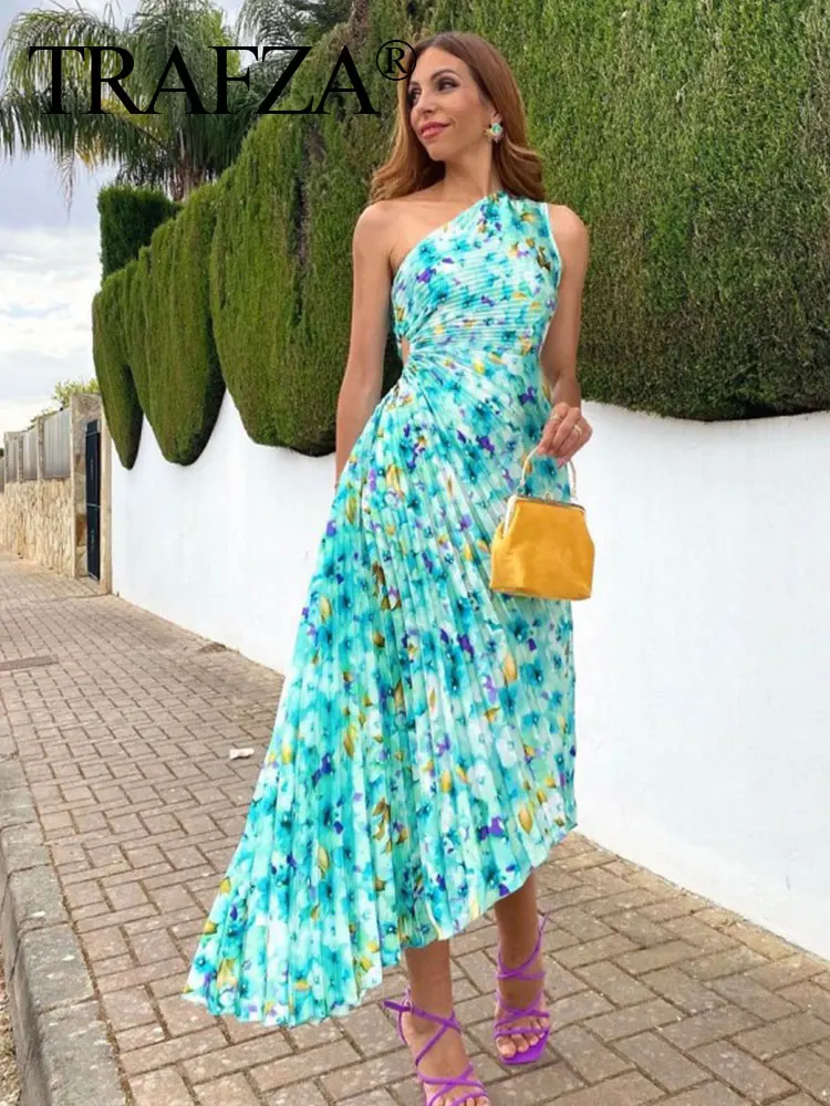 

TRAFZA Off Shoulder Dresses For Women Summer Print Waist Hollow Out Backless Asymmetrical Long Dress Woman Elegant Evening Dress