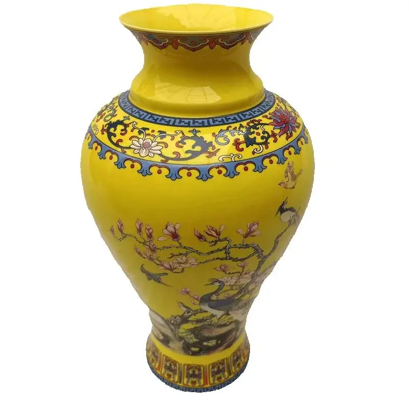 Traditional Chinese Yellow Enamel Porcelain Vase with Flower & Bird Guanyin Pattern - Decorative Ornament