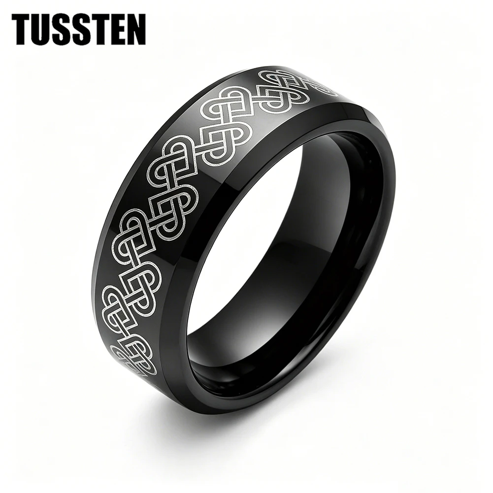 TUSSTEN 6/8MM Men Women Tungsten Wedding Band Laser Engraving Celtic knot Ring Beveled Edges Polishing Comfort Fit