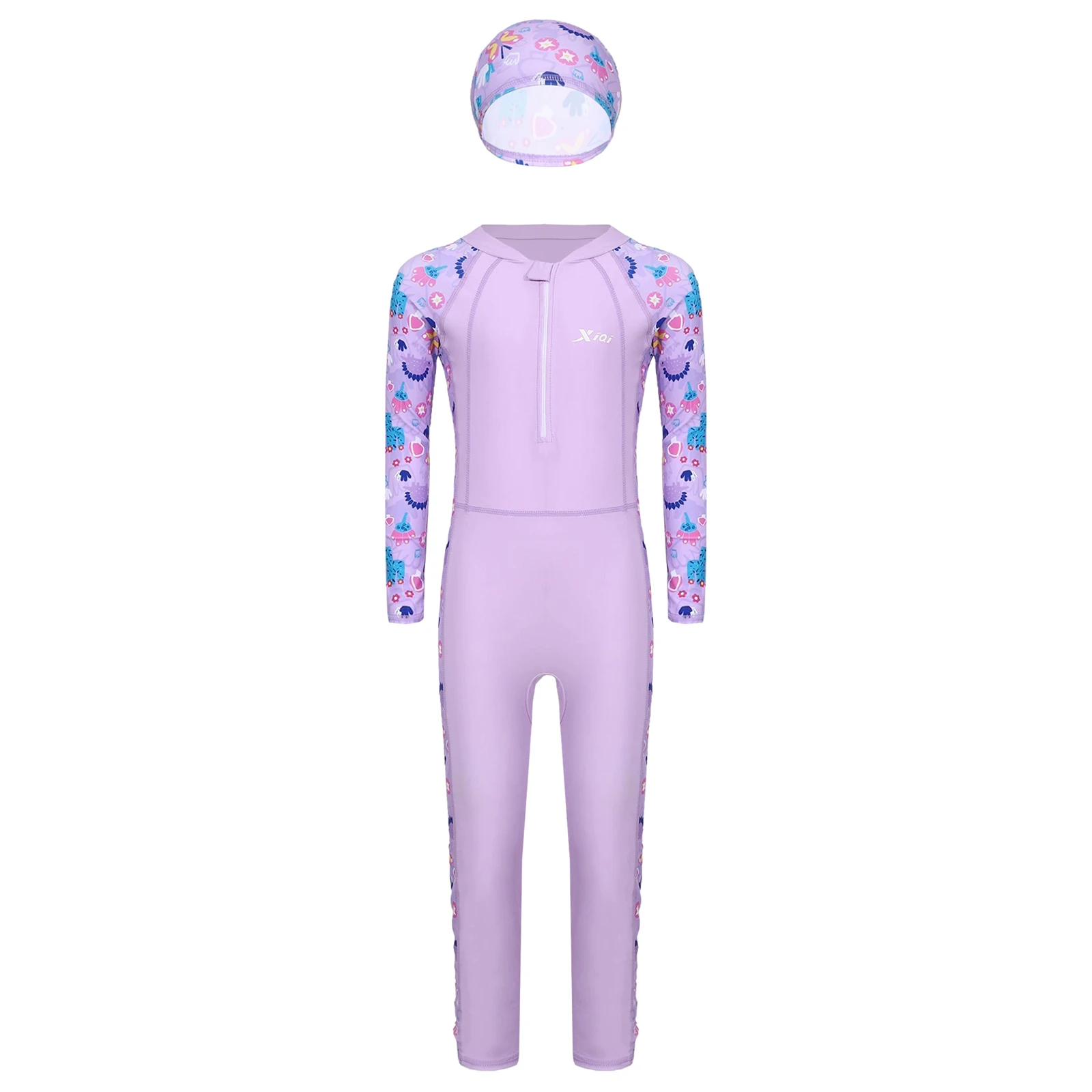 

Kids Girls One-piece Swimsuit Long Sleeve Cartoon Print Rash Guard Swim Romper with Hat Sun Protection Sunsuit Bathing Suits