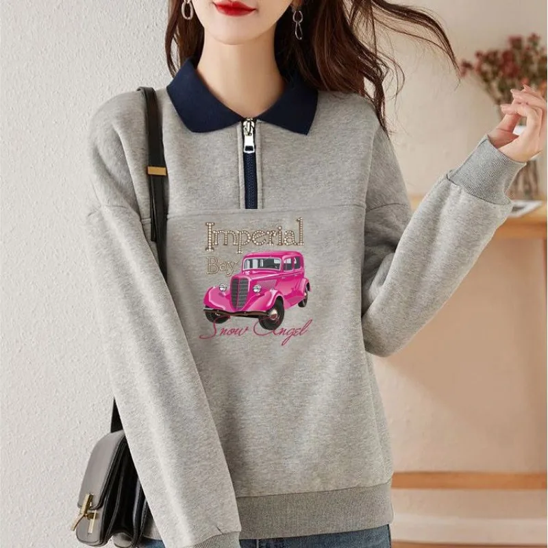 Spring Autumn Women\'s Zipper Geometric Letter Printing Lantern Long Sleeve Peter Pan Collar Casual Elegant Fashionable Tops