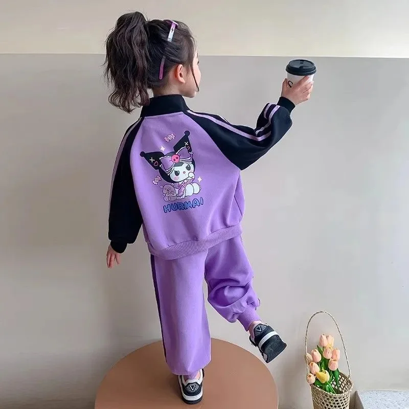 Sanrio Cartoon Kuromi Print Clothing Sets for Children Girls Jacket + Long Pants 2piece Autumn Baby Kids Teen Sweatsuits