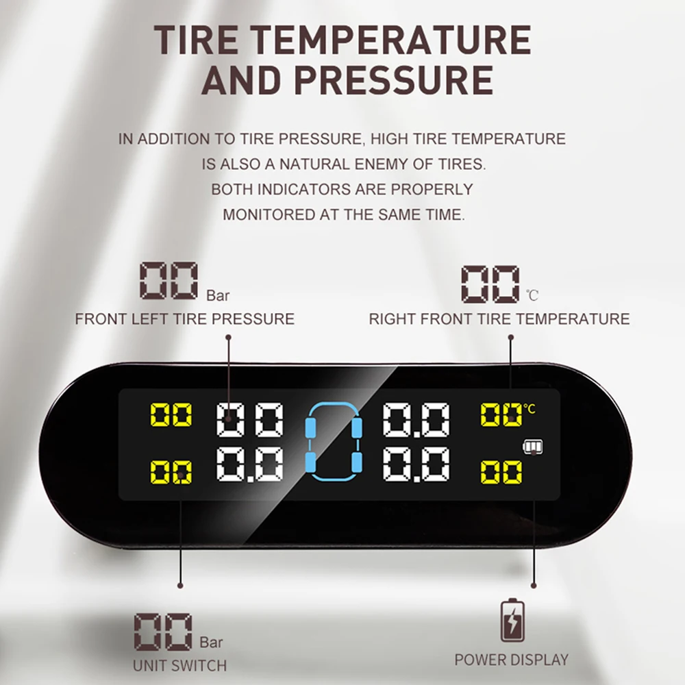 Solar Car TPMS Tire Pressure Alarm Digital Colorful Display With 4 External Sensors Waterproof Tire Presssure Monitoring System