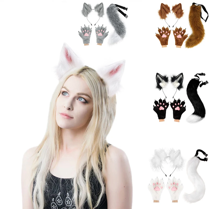 Halloween Animal Plush Cos Set Fox Ears Tail Full Finger Gloves Dress Up Suitable For Comic-Con Festival Ball Cosplay