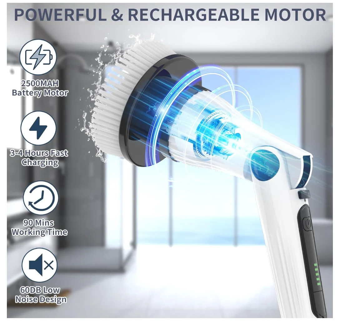 Elettrico senza fili per Spin Scrubber Spazzola per la pulizia del bagno senza fili per doccia Vasca da bagno Uso domestico Metallo/Celle per pavimento