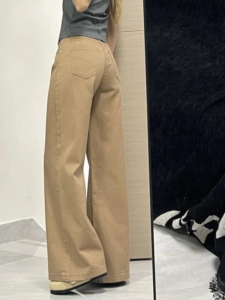 Low Waist American Retro Khaki Denim Jeans Women's Loose Floor-Length Not Tight Legs Flared Pants plus Size Comfortable Breat...