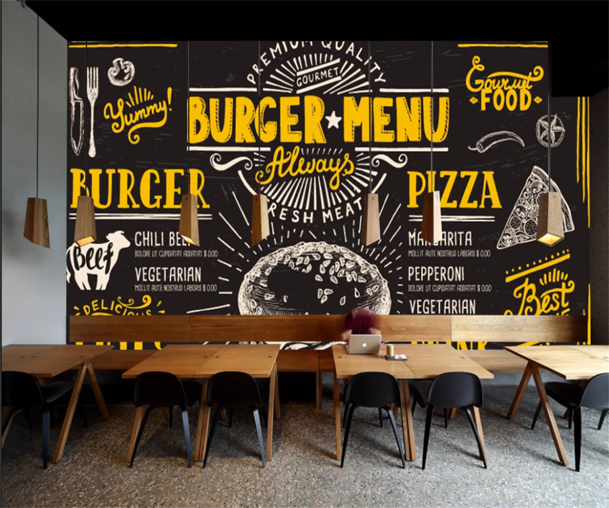 Custom wallpaper Black background Burger pizza mural restaurant tooling background walls mural 3d wallpaper