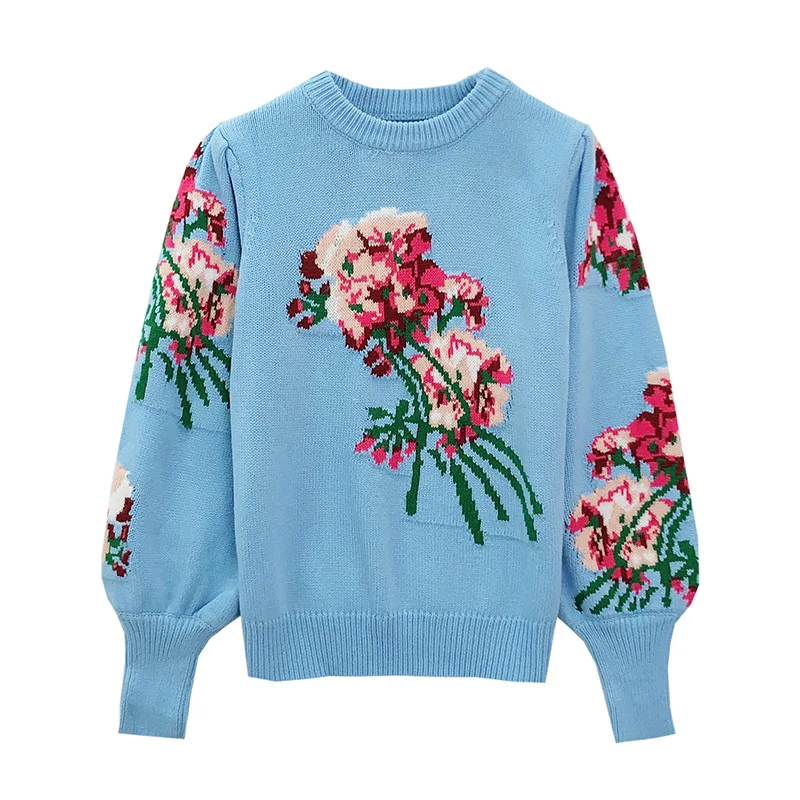 

Euramerican Chic Round Neck Blue Knit Top With Floral Embroidery Bubble Sleeves Stylish Short Slim Fit Sweater For Women
