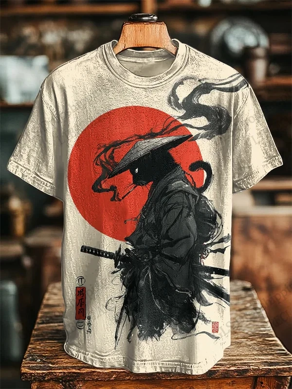 New Japanese Samurai Cat 3D Print T-Shirt Men Women Fashion Street Short Sleeve Tops Tees Kids Clothes Animal Oversized T Shirts