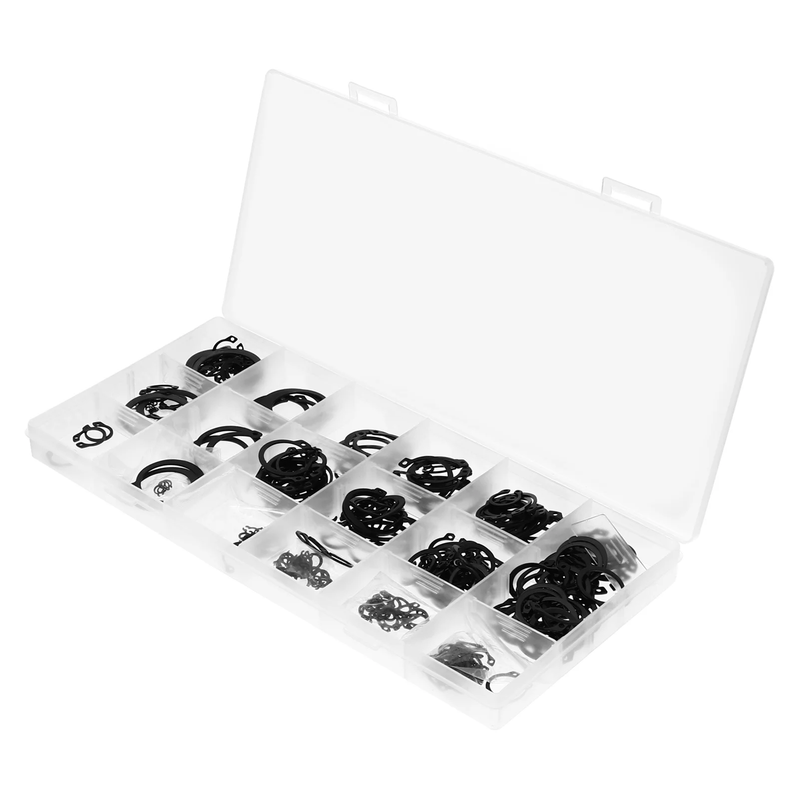 

1Set Carbon Steel Retaining Clip External Circlip Set Black Oxidized Assorted C-Clip Snap Ring Storage Box for Shaft Retaining