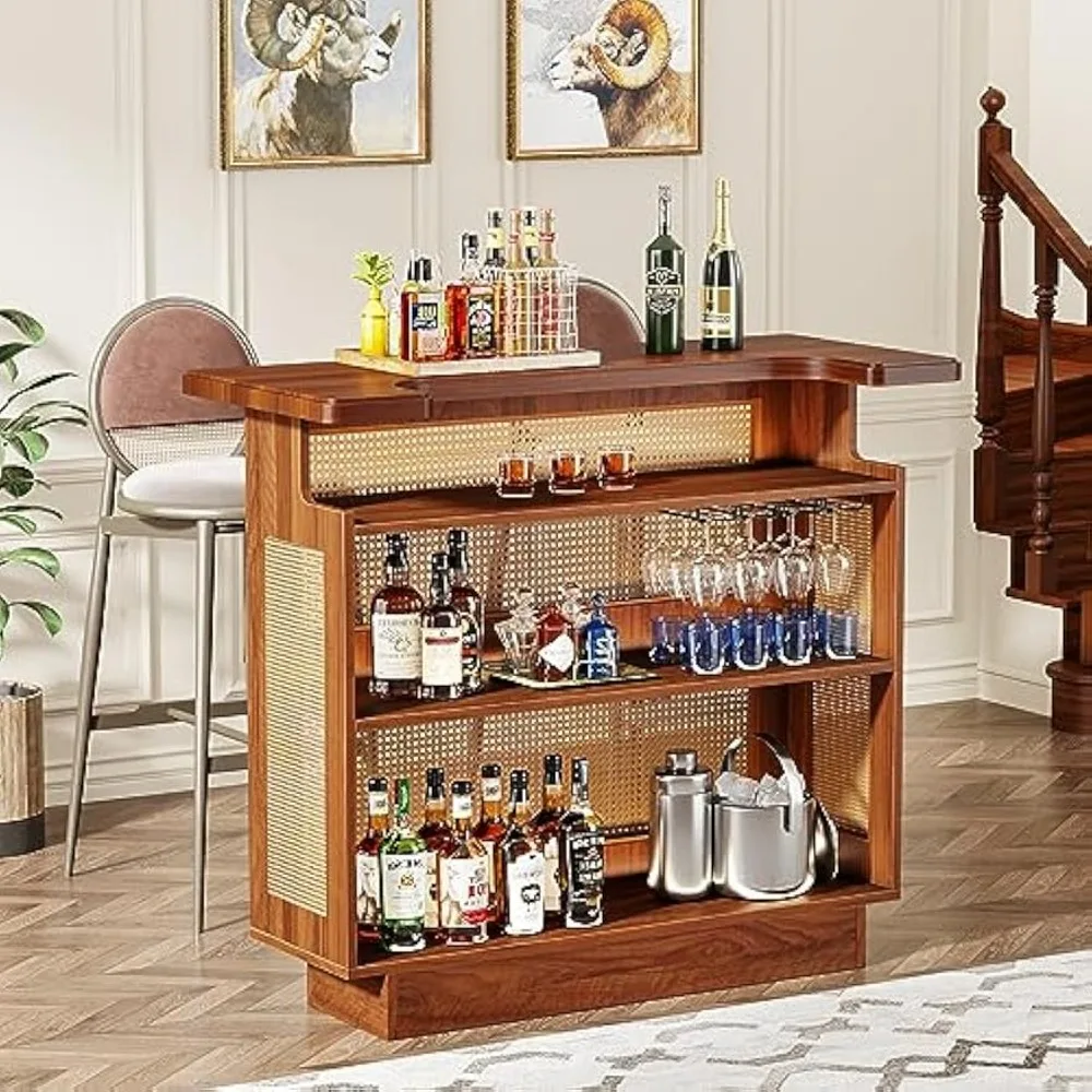 Rustic Home Bar Unit, Rattan Table with 4 Tiers Storage, Liquor Wine Cabinet Mini Bar Table for Home Pub Entertaining,