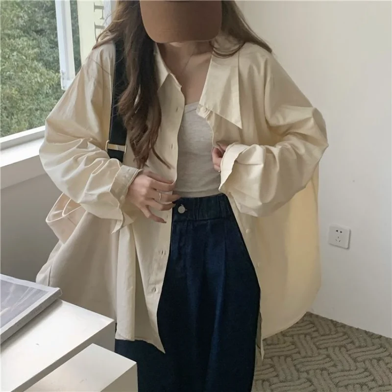 Spring Shirts Women Loose Long Sleeve Chic All-match Solid Tops Office Lady Elegant Single Breasted Korean Style Clothing Street