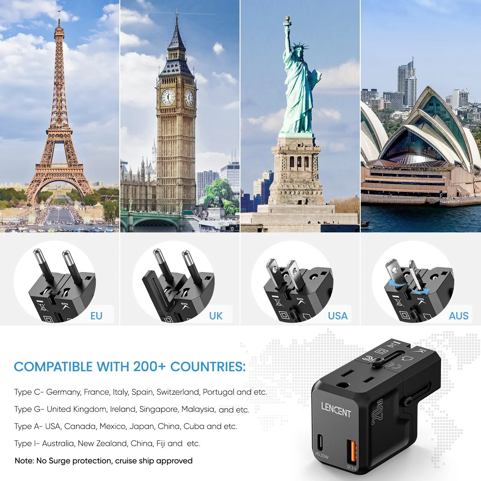 LENCENT-Adaptateur de voyage universel avec 1 prise secteur, 1 port USB QC 3.0 et 1 chargeur rapide PD 20W, adaptateur secteur pour US EU UK AUS