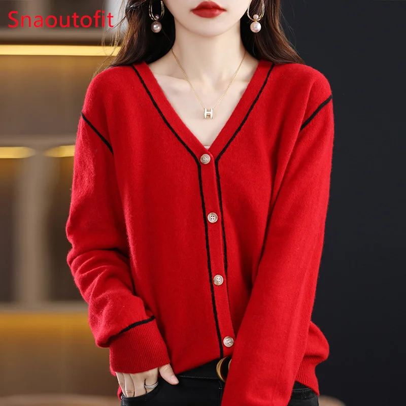 2023 Spring Match Colors V-Neck Wool Cashmere Knitted Cardigan Women\'s Long-Sleeved Top Loose Large Size Outer Wear Coat Sweater