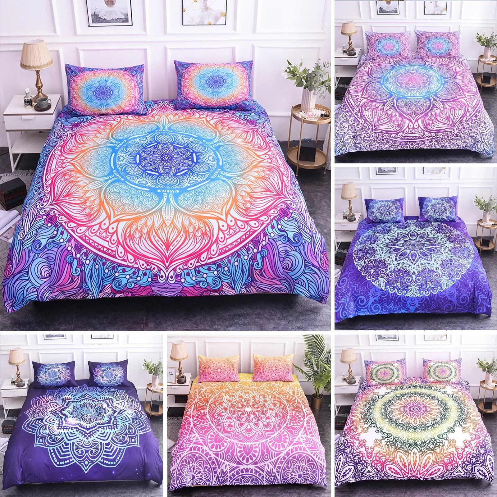 

Mandala Duvet Cover Set King Size Lotus Flower Blue Purple Pink Bedding Set Bohemian Mandala Style Soft Polyester Quilt Cover