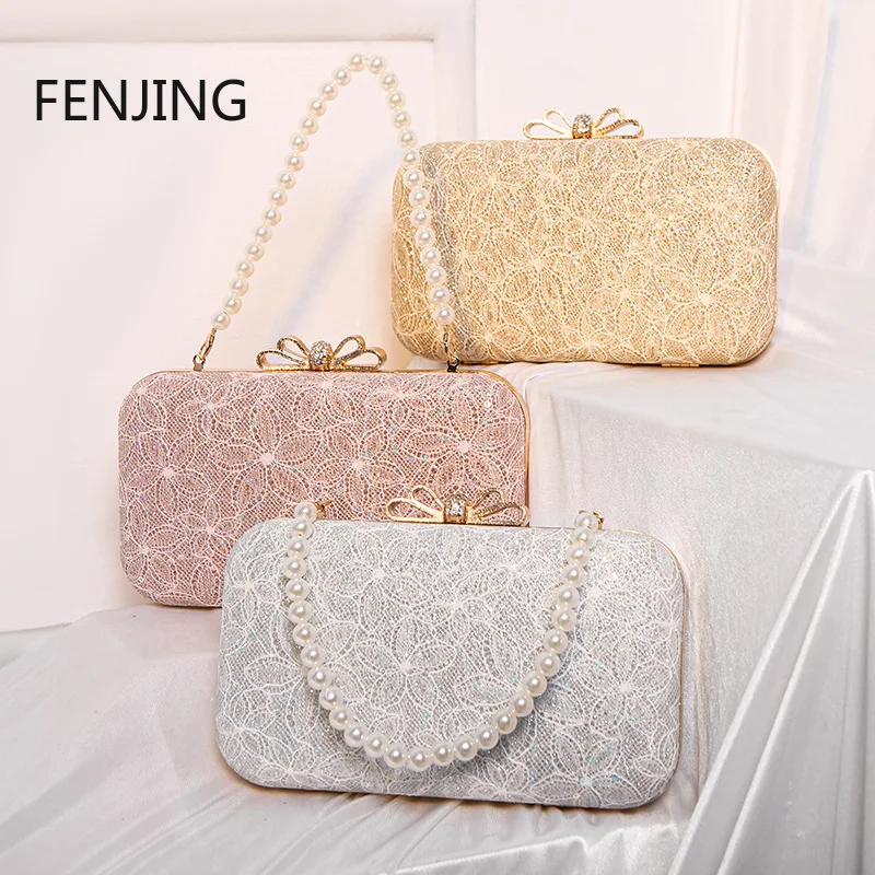 2024 New Evening Bags for Women Lace Flower Clutch Shoulder Purse Luxury Banquet Party Clutch Pearl Top Handbags Bolso Mujer