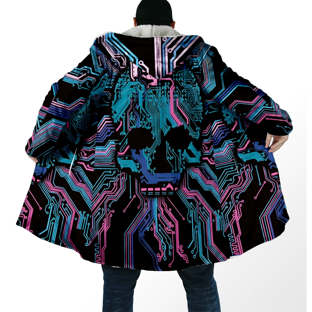 2025 Winter Fashion Men's Cloak Electronic chip 3D Printed Thick Fleece Hooded Cloak Unisex Casual Warm Cape Coat DP104