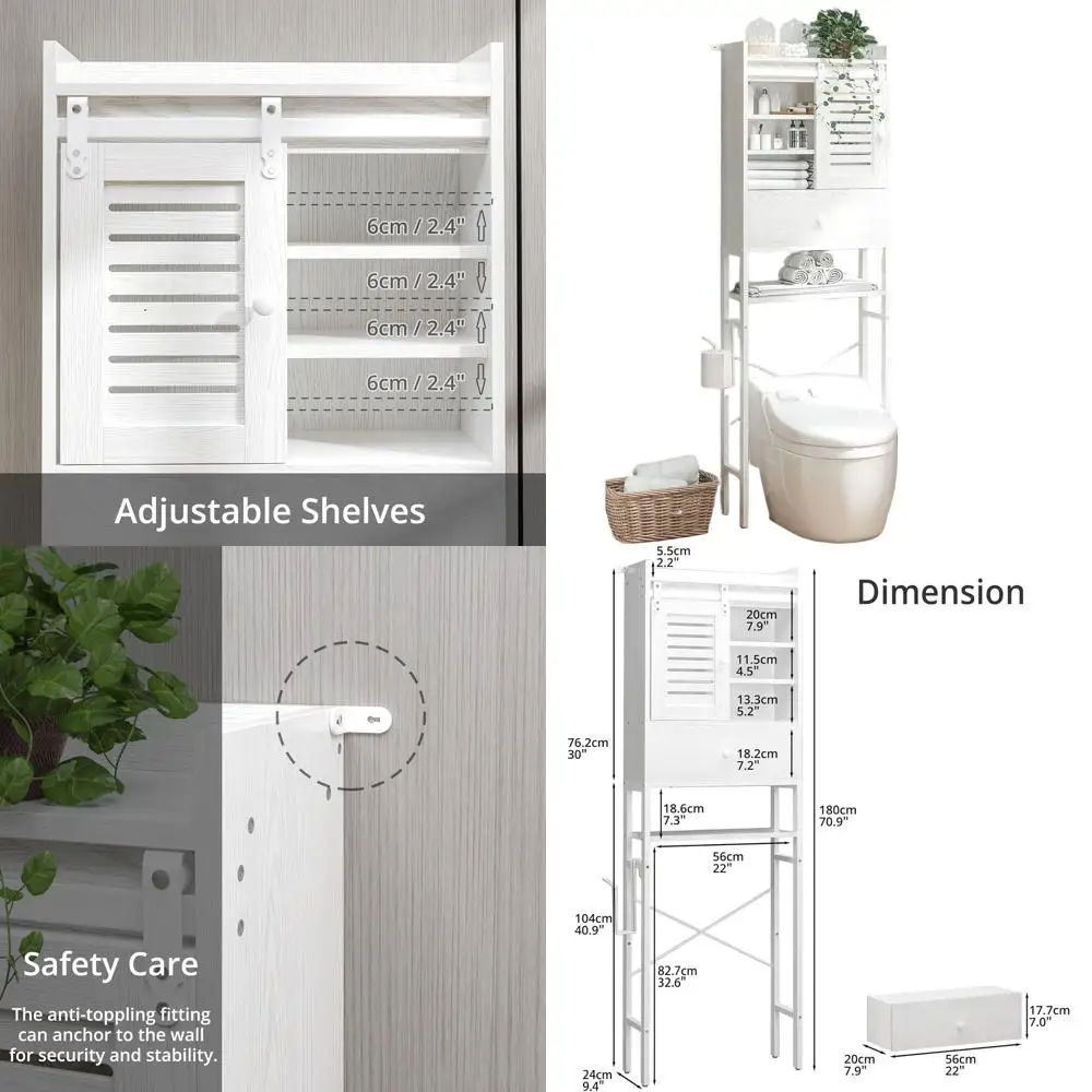 

Over The Toilet Storage Rack with Cabinet and Drawer, 6 Tier Bathroom Organizer Shelves Space Saver with Adjustable Shelf, Slidi
