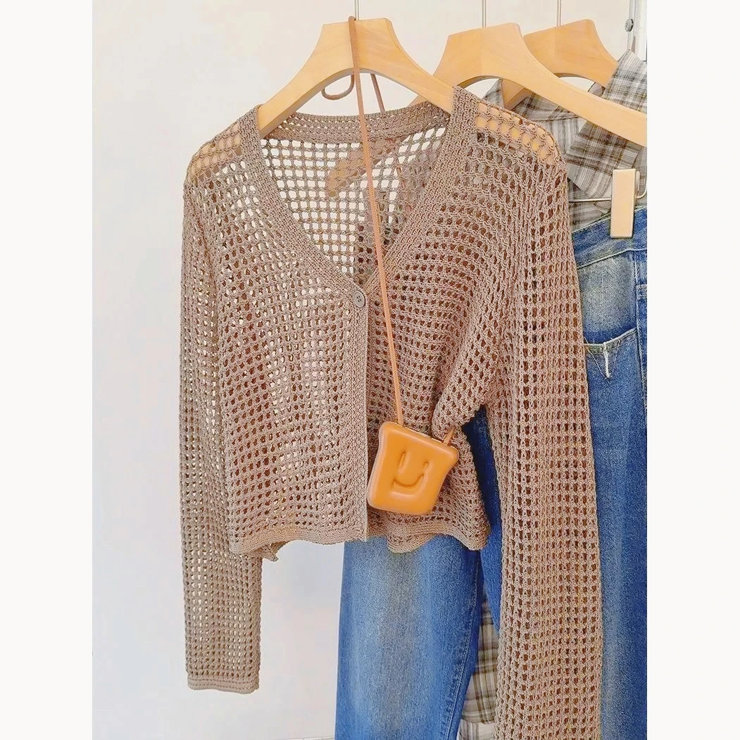 

Лето 2025 г., женский вязаный кардиган с длинными рукавами и v-образным вырезом, сетчатый пляжный накидка, дышащий повседневный шикарный топ