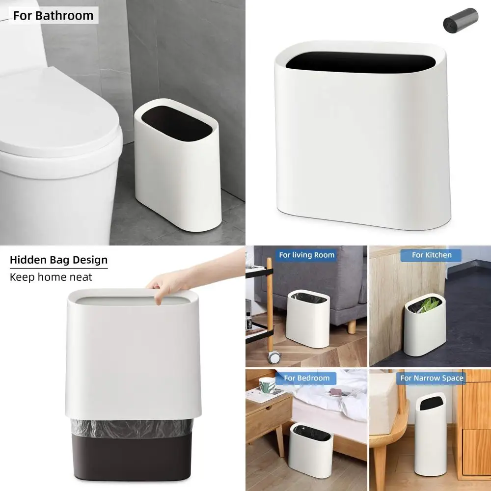 

White Slim Rectangular Plastic Trash Bin for Bathroom and Small Office Kitchen Use