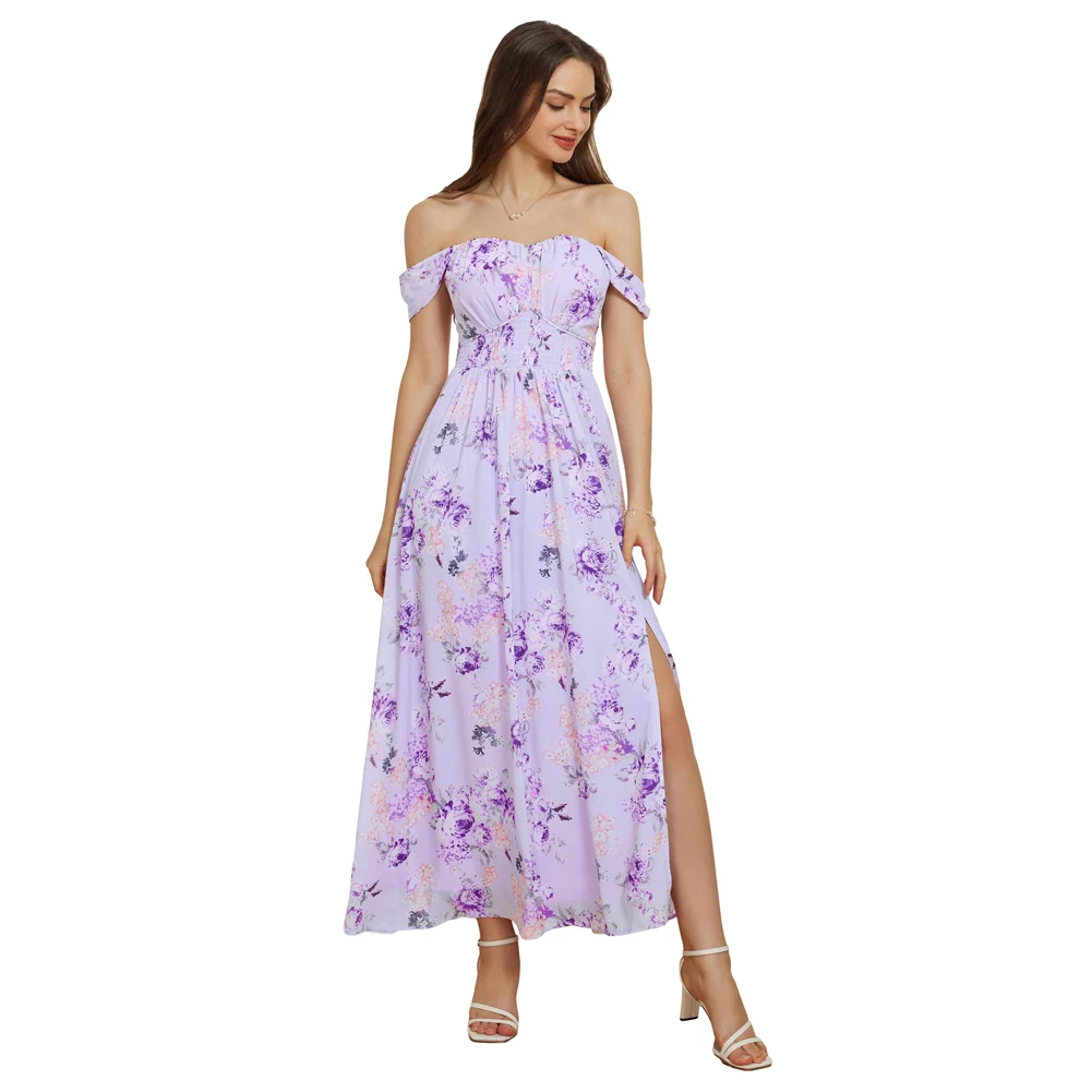 GK Dress For Women Front Slit Maxi Dress Floral Printed Off Shoulder High Waist Korean Style Elastic Waist Flared A-Line Dress