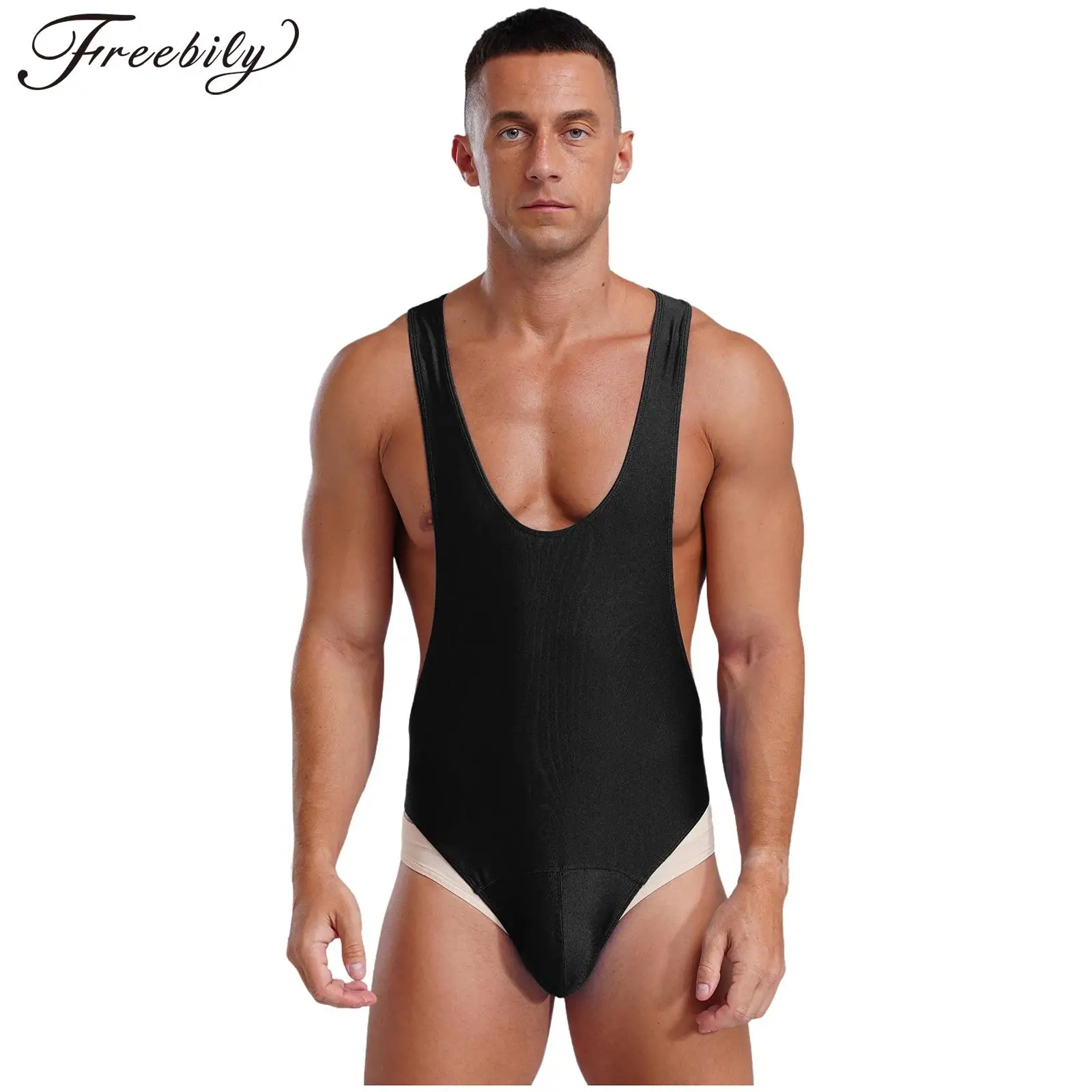 Men Gym Sport Fitness Bodysuit Swimsuits Scoop Neck Sleeveless Y-back Bulge Pouch Mankini Leotard Singlets Jumpsuit Bathing Suit